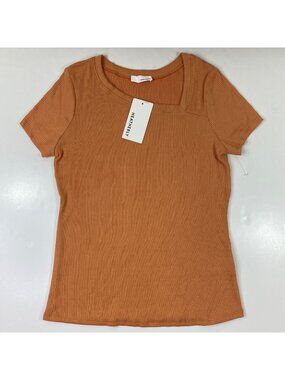 Heatherly Womens T-Shirt Rust Orange Solid Ribbed Short Sleeve Size Large
